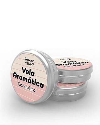 CONQUISTA - 50 Mini vela latinha 20g com caixa de presente (Personalizavel) - Perfume para Papel