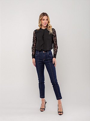 Calça Capri Tornozelo Jeans Escuro com Elastano- Loopper - K32432107