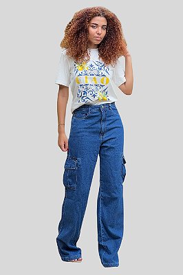 Calça Wideleg Cargo Jeans Médio - Black Jeans - 25466