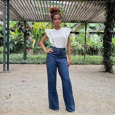 Calça Wideleg Jeans Shine - Black Jeans - 25419