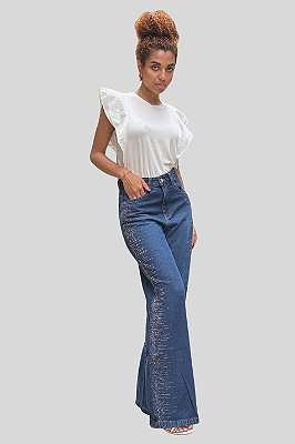 Calça Wideleg Jeans com Brilho - Black Jeans - 25419