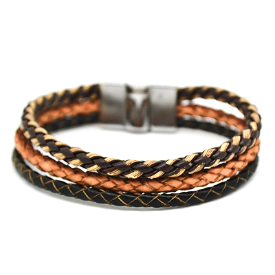 Pulseira Masculina Regulável Couro Marrom 3 Tiras Trançadas Grossa