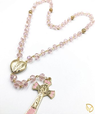 Terço com Cristal Rosa e Pai nosso Zirconia - Linha Camila Holanda