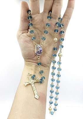 Terço Cristal 8mm Azul São Miguel Arcanjo - Quaresma
