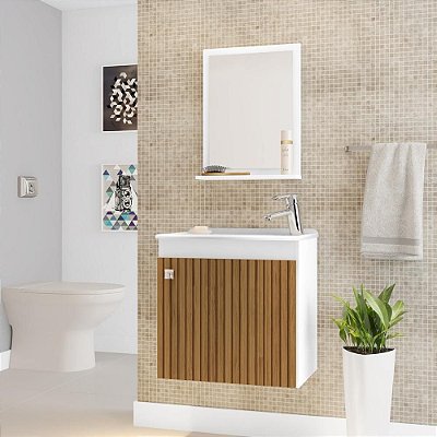 Conjunto Gabinete Banheiro 46 cm com cuba e espelho armario