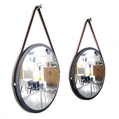 Kit 2 espelhos Adnet Decorativo Redondo de Parede com Alça de Couro Diâmetro 48 e 38 cm preto e marrom