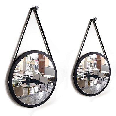 Kit 2 espelhos Adnet Decorativo Redondo de Parede com Alça de Couro Diâmetro 58 e 38 cm preto