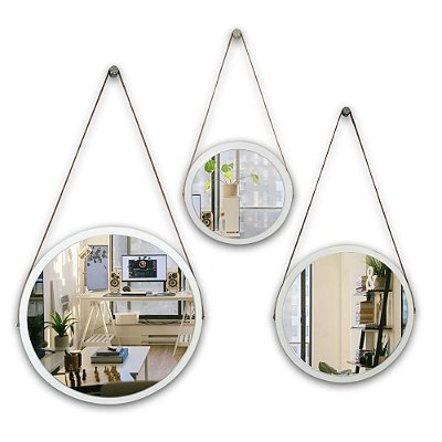 Kit Espelho Adnet 58 & 48 & 38 cm Várias Cores com Alça de Couro e Espelho de Vidro