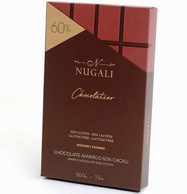 Chocolate Amargo 60% Cacau Nugali Sem Lactose