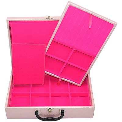 Maleta Dupla Grande 34,5 x 23,5 x 9,5 cm - Dijon Rosa Pérola com protetor de correntes em veludo Pink