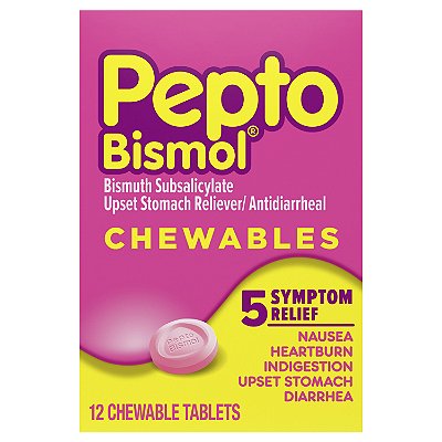 Pepto Bismol Chewable Tablets for Nausea, Heartburn, Indigestion, Upset Stomach, and Diarrhea Relief, Original Flavor 