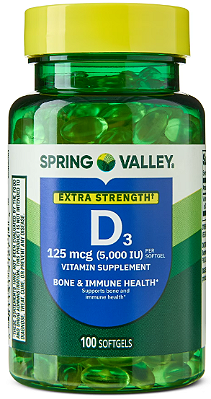 Spring Valley Extra Strength Vitamin D3 Softgels, 125 mcg (5000 IU)