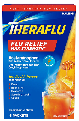 Theraflu Max Strength Cough Cold and Flu Daytime Relief Medicine Powder, Honey Lemon Flavored, 6 Count