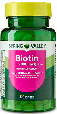 Spring Valley Biotin Dietary Supplement Softgels for Hair/Skin/Nails Health, 5,000 mcg
