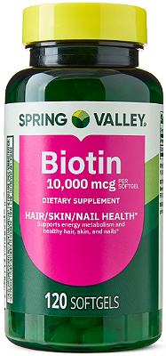 Spring Valley Biotin Dietary Supplement Softgels for Hair/Skin/Nails Health, 10,000 mcg