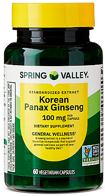 Spring Valley Standardized Extract Korean Panax Ginseng Dietary Supplement Vegetarian Capsules for General Wellness, 100 mg