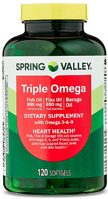 Spring Valley Triple Omega, Fish Oil 800mg, Flax Oil 800mg, and Borage Oil Softgels, Heart Health Dietary Supplemen