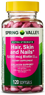 Spring Valley Extra Strength Hair Skin & Nails Collagen Support Softgels, 5000 mcg Biotin