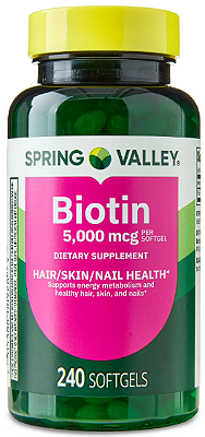 Spring Valley Biotin Dietary Supplement Softgels for Hair/Skin/Nails Health, 5,000 mcg, 240 Count