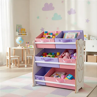 Organizador De Brinquedos Tematizado Ursinho Rosa E Lilas