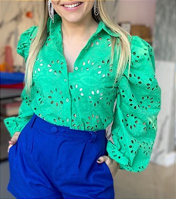 Camisa Feminina Princesa Laise Super Bordada Manga Bufante Verde Bandeira