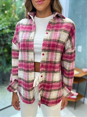 Camisa Feminina Oversized Winter Xadrez Rosa