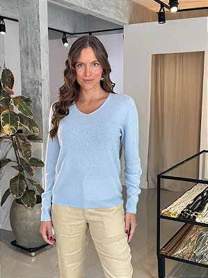 Blusa Feminina Roma Decote V 100% Cashemere Azul