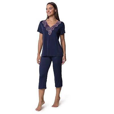 Pijama Feminino Capri Azul Marinho com Renda Rosê