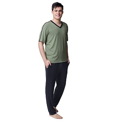 Pijama Masculino Longo Preto e Verde com Bolso