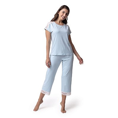Pijama Feminino Capri Azul Maresia com Renda