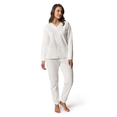 Pijama Feminino Longo Soft Canelado Branco