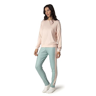 Pijama Feminino Longo Verde com Rosê