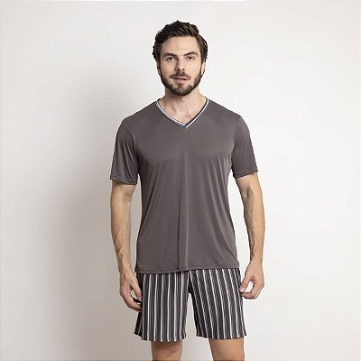 Pijama Masculino Curto Listrado Cinza Aço