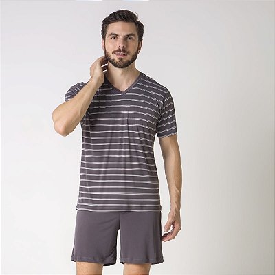 Pijama Masculino Curto com Blusa Listrado Aço