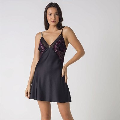 Camisola Curta de Alça Preto com Renda Bicolor