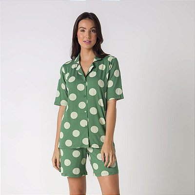 Pijama Feminino Curto Aberto Poá Verde Figueira