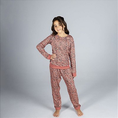 Pijama Longo Feminino Infantil Jaguar Rosê
