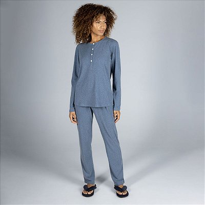 Pijama Feminino Longo Canelado Azul Empatia