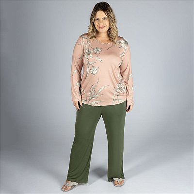 Pijama Feminino Longo Plus Size Floral Organique