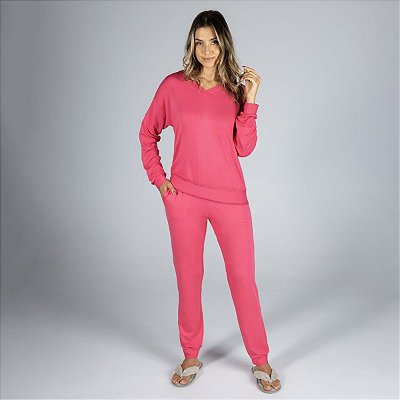 Pijama Feminino Longo com Bolso Rosa Fantasia