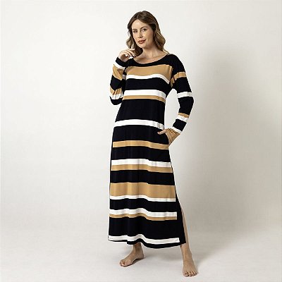 Camisão Longo Feminino Listrado Almond