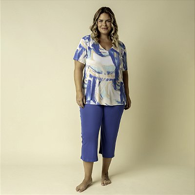 Pijama Feminino Capri Plus Size Azul Naútico