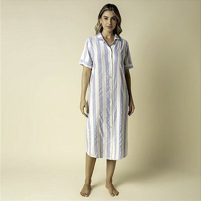 Camisão Feminino Midi Aberto Listrado Azul