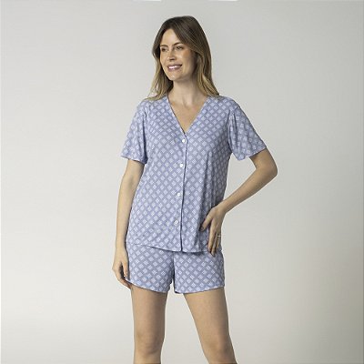 Pijama Feminino Curto Aberto Geometric Azul