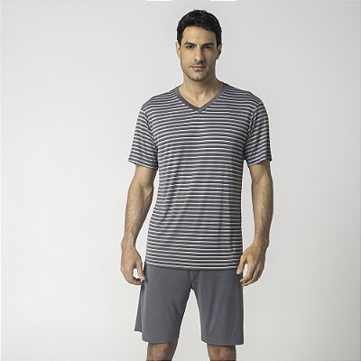 Pijama Masculino Curto Listrado Cinza Aço