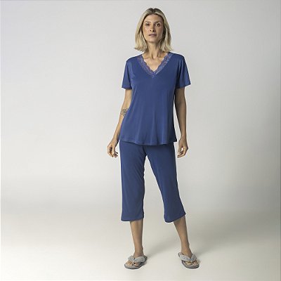 Pijama Feminino Capri Azul Atalaia com Renda