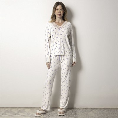 Pijama Feminino Longo Branco Lavanda com Renda