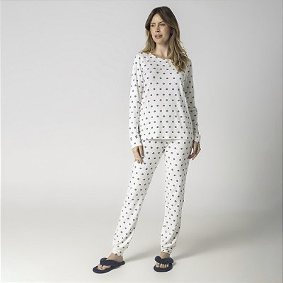 Pijama Feminino Longo Poá Azul