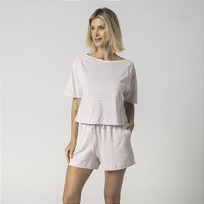 Pijama Feminino Curto Listrado Rosê Merlot