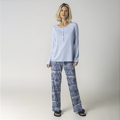 Pijama Feminino Longo Azul Paisley